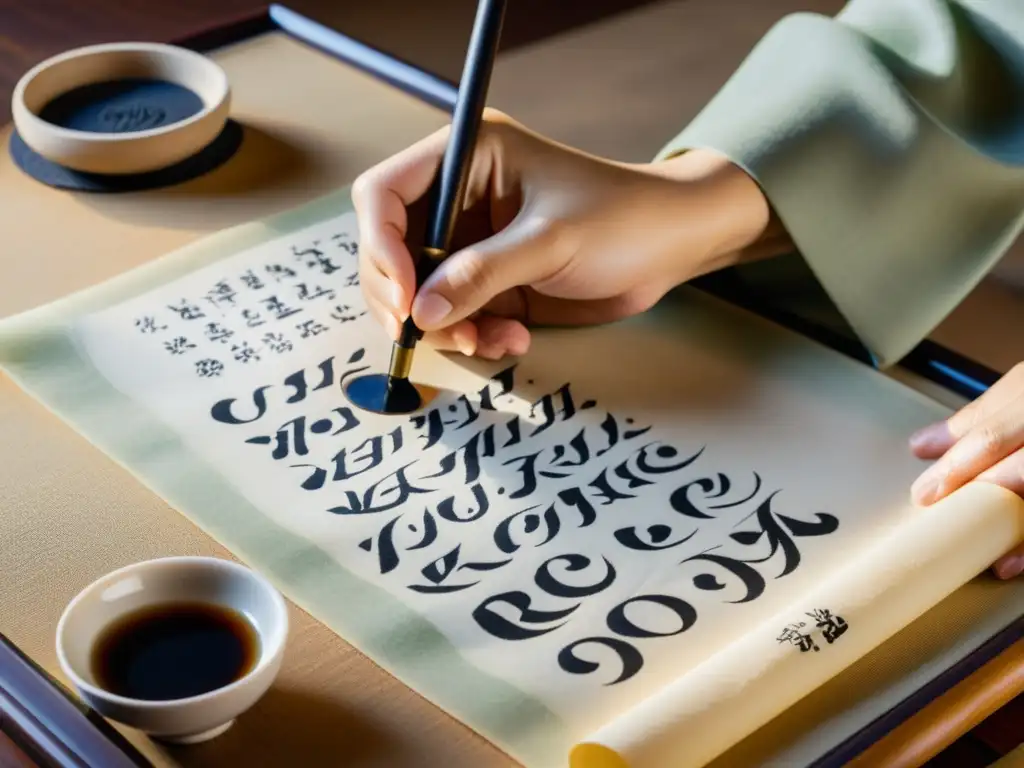 Un maestro calígrafo coreano escribe con elegancia poesía tradicional Hangul en papel de arroz, rodeado de herramientas antiguas