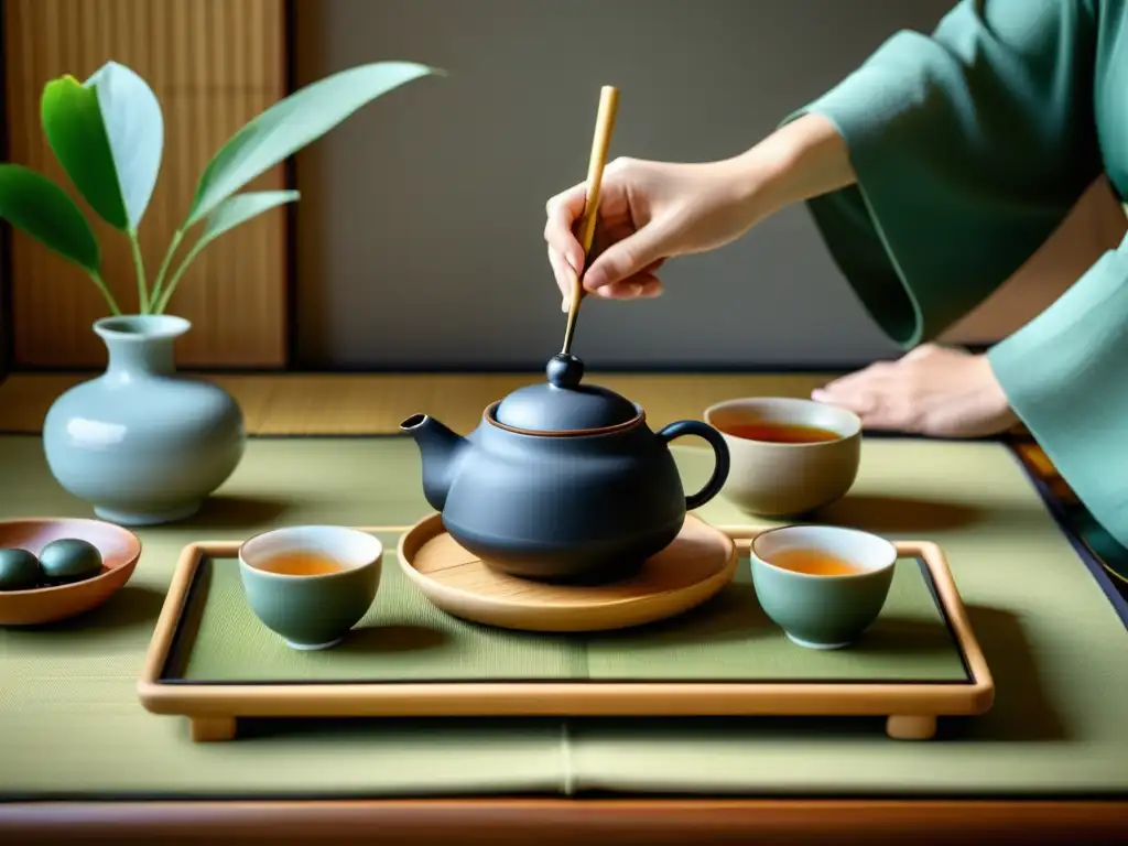 Un maestro del té coreano tradicional realiza una ceremonia en una habitación serena con una exquisita vajilla de té de porcelana y bambú