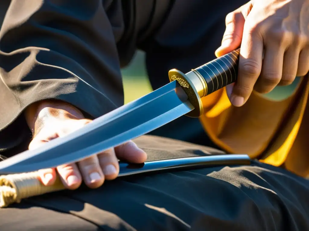 Un maestro herrero japonés pule con cuidado una katana, revelando su belleza y afilado sin igual