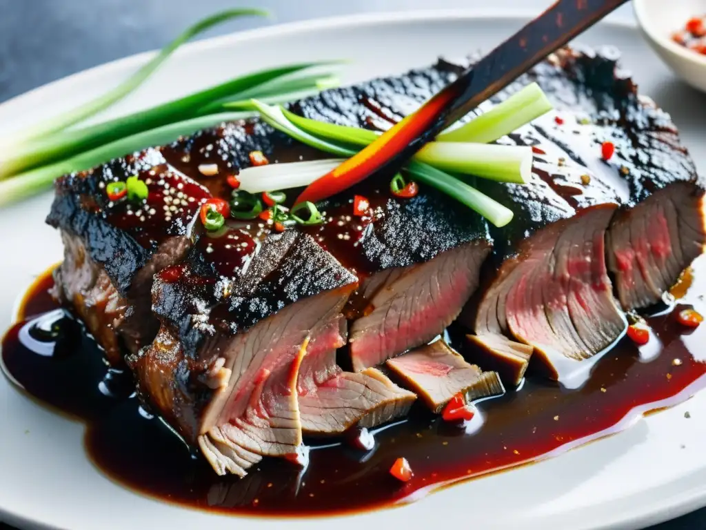 Un maestro culinario coreano aplica con destreza la receta tradicional galbi a las costillas de res, con ingredientes frescos y vibrantes alrededor