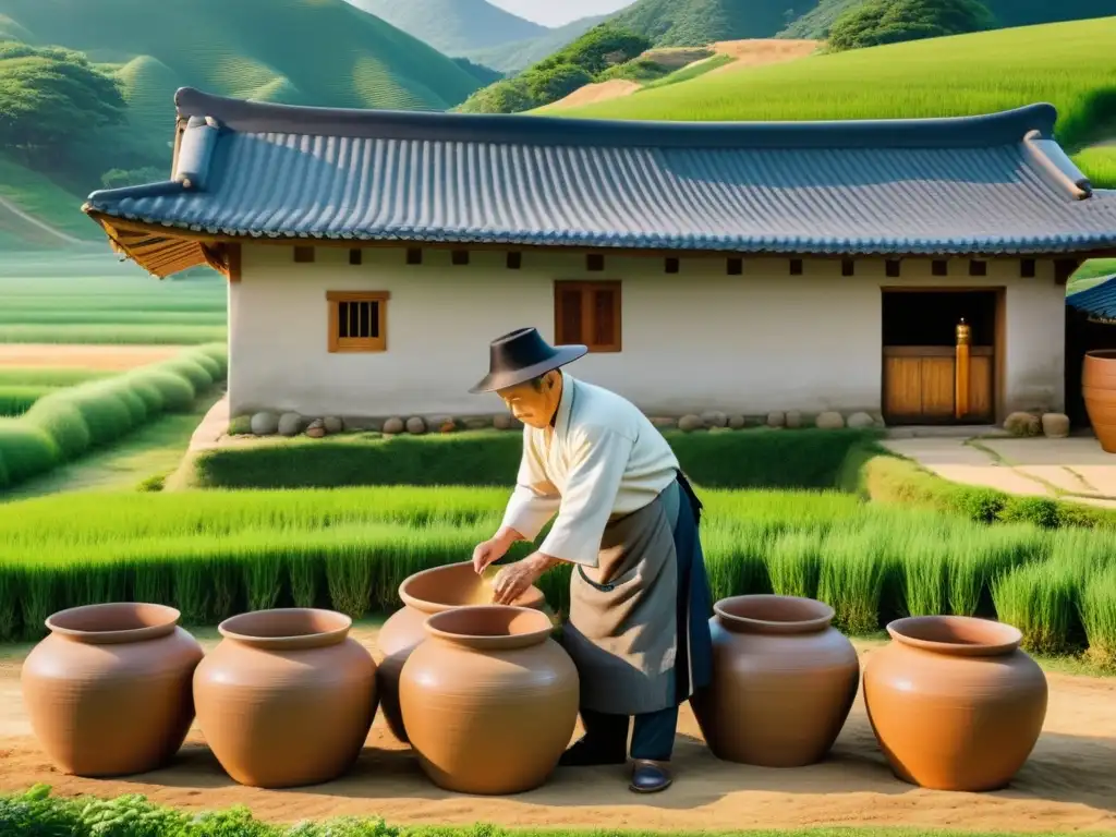 Maestro destilador coreano cuidando la fermentación de soju entre colinas verdes Maestro destilador coreano en ropa tradicional cuidando con esmero grandes ollas de barro con fermentación de granos, en un entorno rural