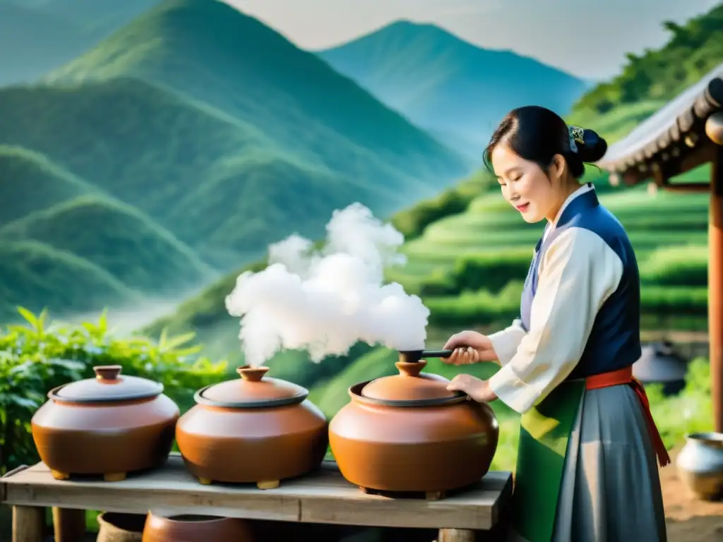 Destilería tradicional de Soju en la serena naturaleza coreana Un maestro destilador coreano elabora tradicionalmente el Soju entre hermosa naturaleza