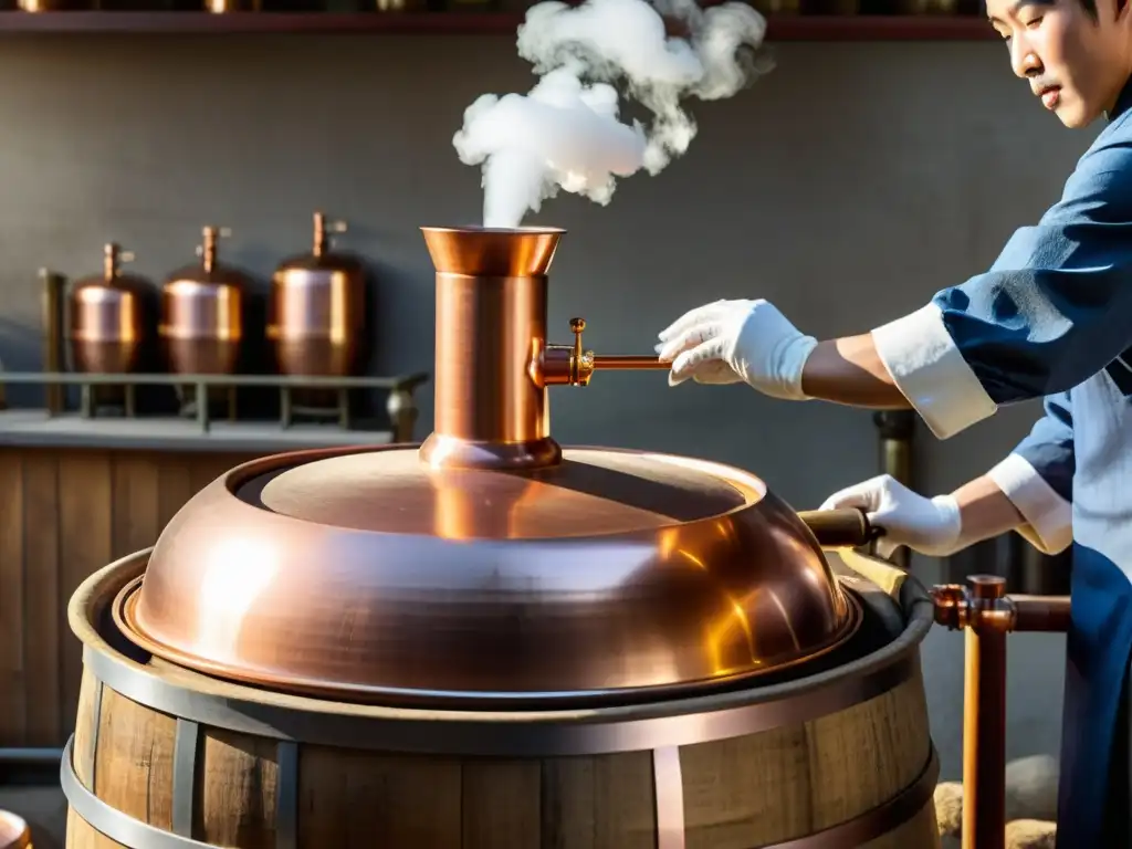 Destilación tradicional coreana de Soju: Detalles e intriga Un maestro destilador cuida con esmero el equipo de elaboración tradicional del Soju coreano, resaltando la artesanía meticulosa y centenaria