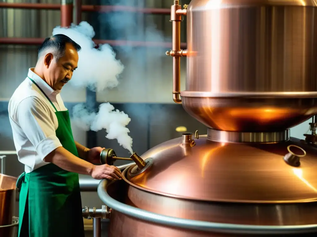 Maestro destilador supervisa la extracción de aceites esenciales asiáticos para piel, resaltando la tradición y maestría en un entorno vibrante