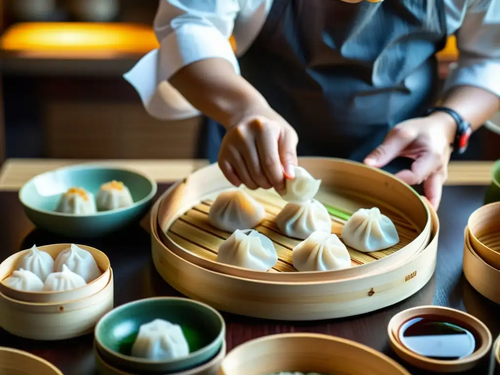 Un maestro de dim sum elabora con precisión y destreza exquisitos dumplings