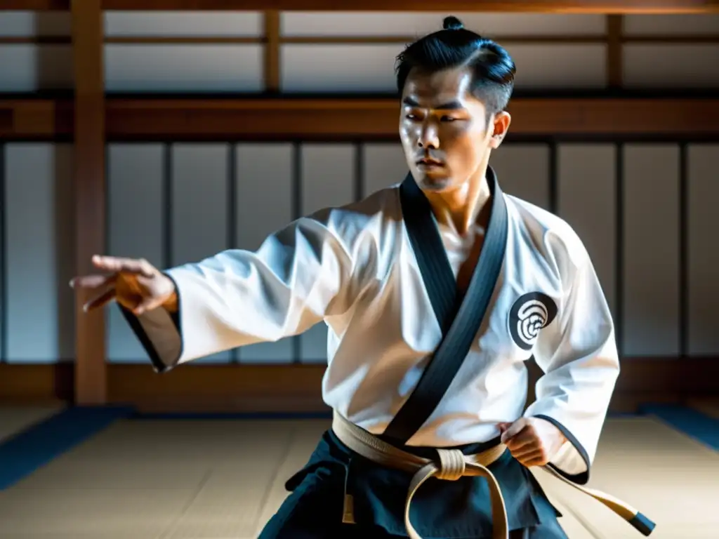 Un maestro de Yoseikan Budo en un dojo tradicional, vistiendo keikogi blanco y hakama negro, muestra movimientos fluidos con intensidad y enfoque