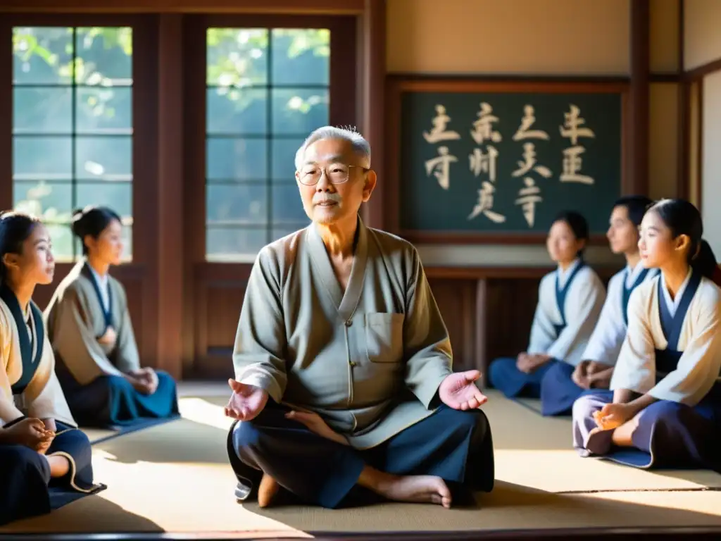 Maestro de filosofía oriental enseña con impacto en aula tradicional, estudiantes atentos absorben sabiduría ancestral