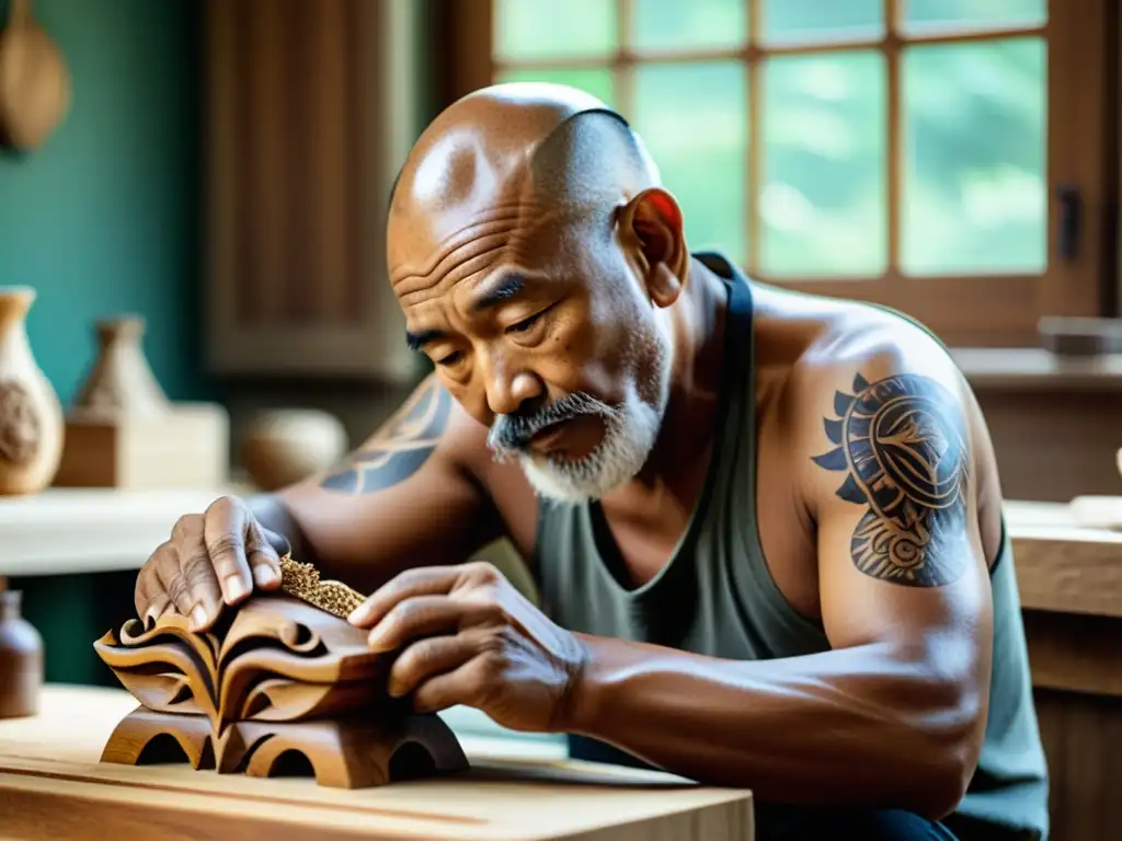 Un maestro escultor asiático tallando con precisión una escultura de madera de teka, rodeado de sus obras y la fragancia de virutas de madera