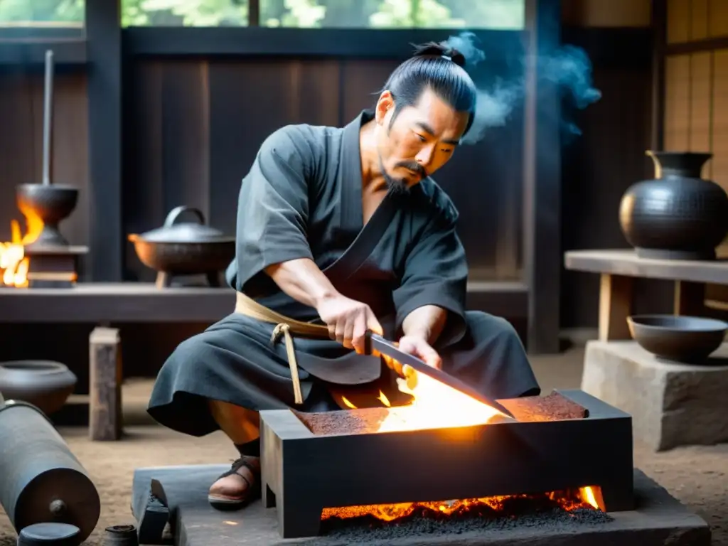 Un maestro espadero en Japón forja una espada samurái en un taller tradicional