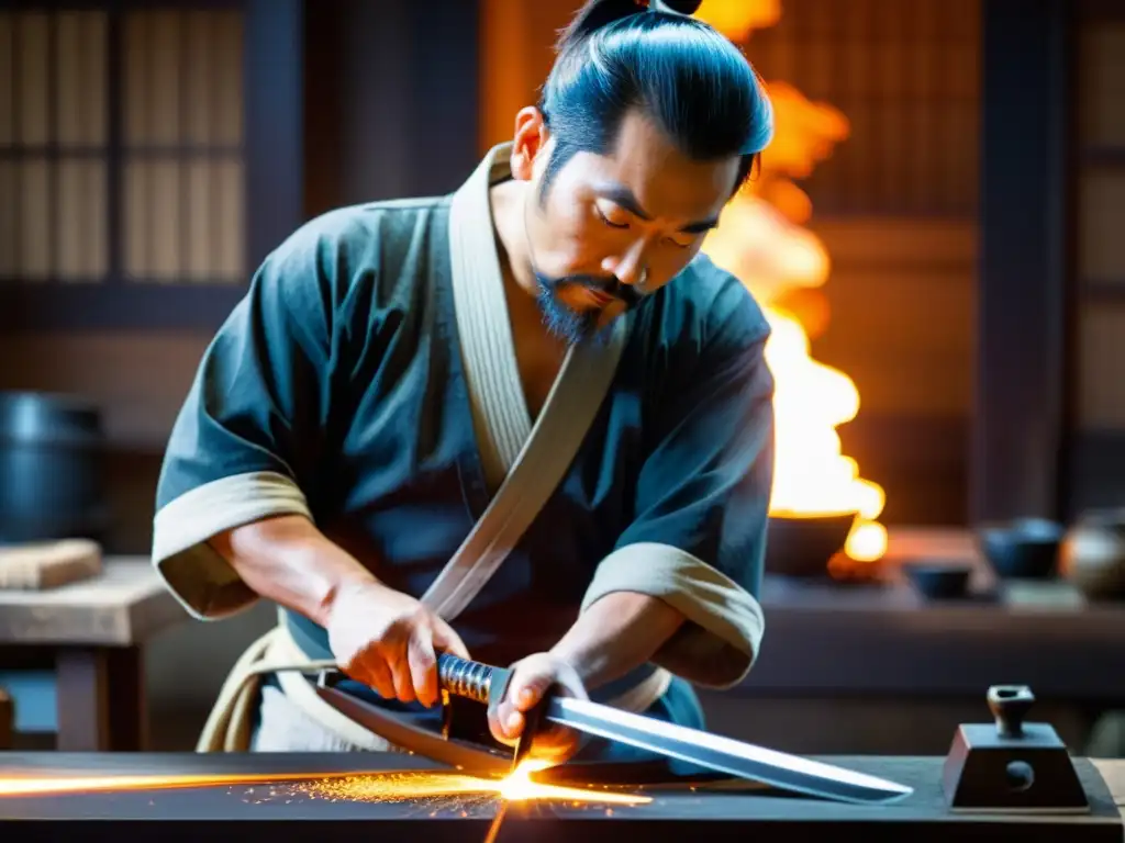 Un maestro espadero japonés forja una espada katana en su taller tradicional, rodeado de herramientas, brasa y humo, con una concentración intensa