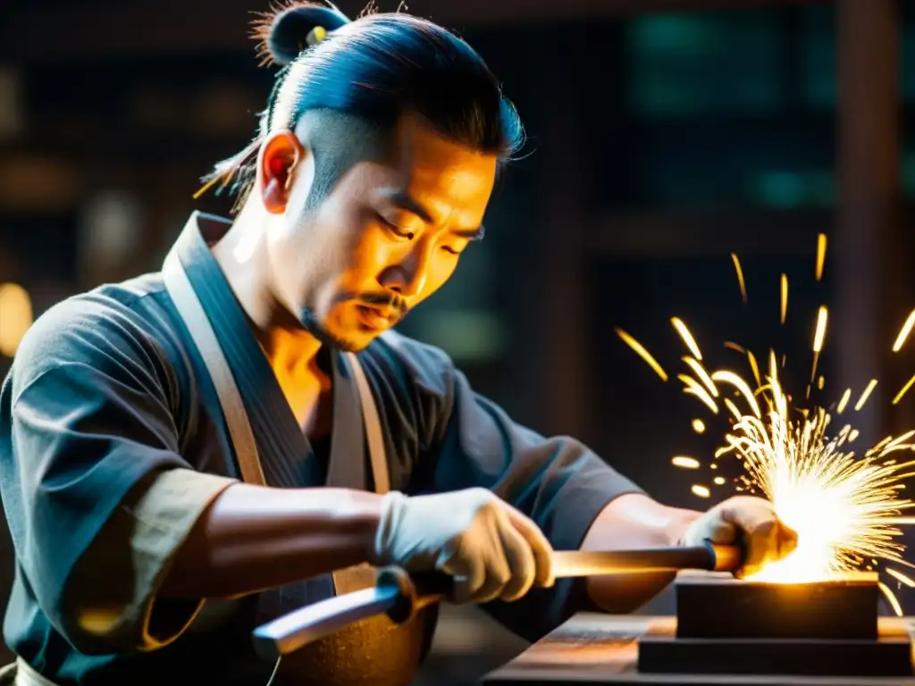 Un maestro espadero japonés forja una katana con destreza en su taller, resaltando la filosofía de la espada japonesa