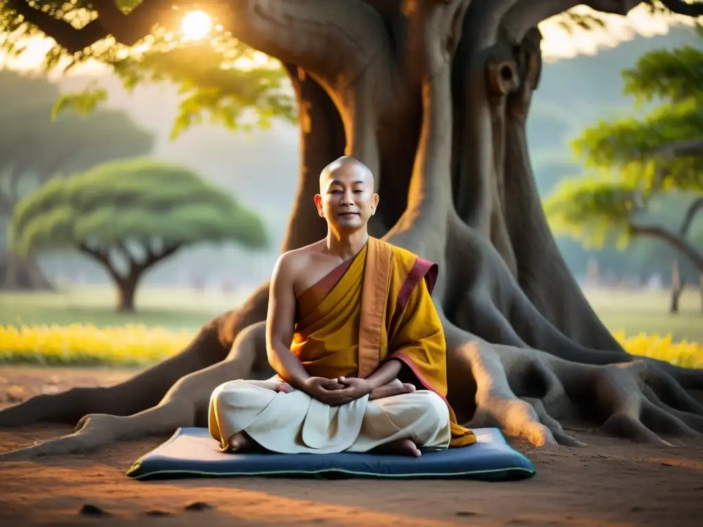 Maestro espiritual budista meditando bajo el árbol Bodhi al amanecer, irradiando sabiduría y compasión