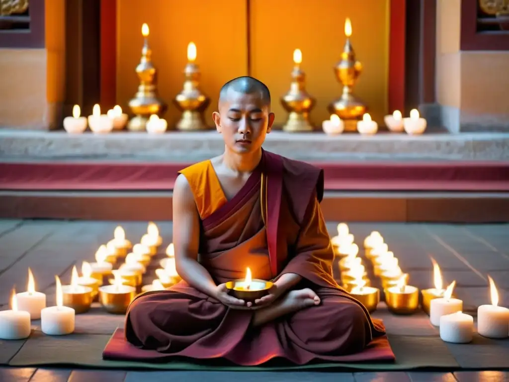 Un maestro espiritual budista irradia sabiduría en un templo ornamentado, rodeado de velas y fragante incienso