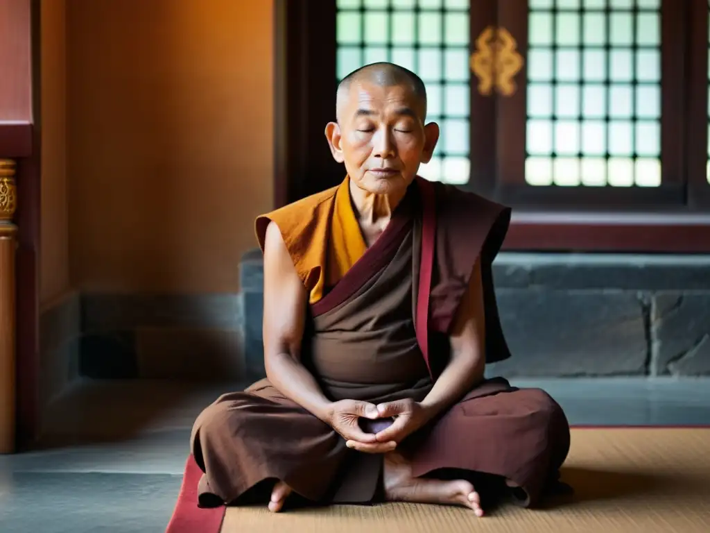 Maestro espiritual budista en profunda meditación, irradiando sabiduría y serenidad en un templo