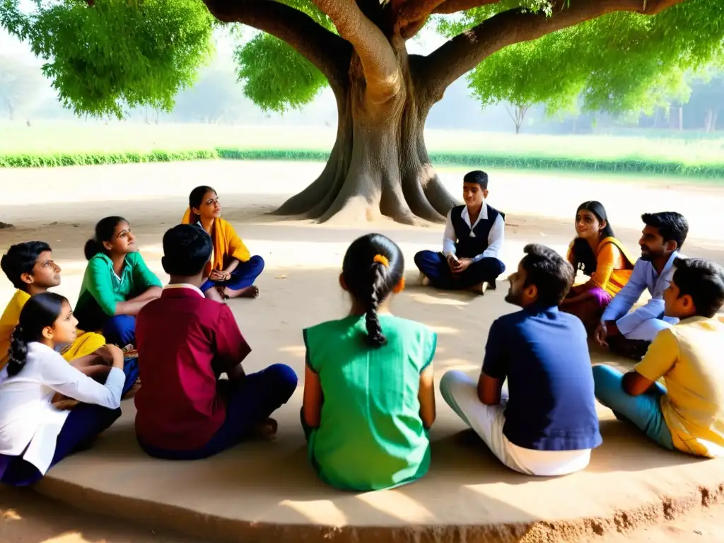 Maestro y estudiantes discuten bajo árbol en aula al aire libre en la India, fomentando el pensamiento crítico en la educación asiática