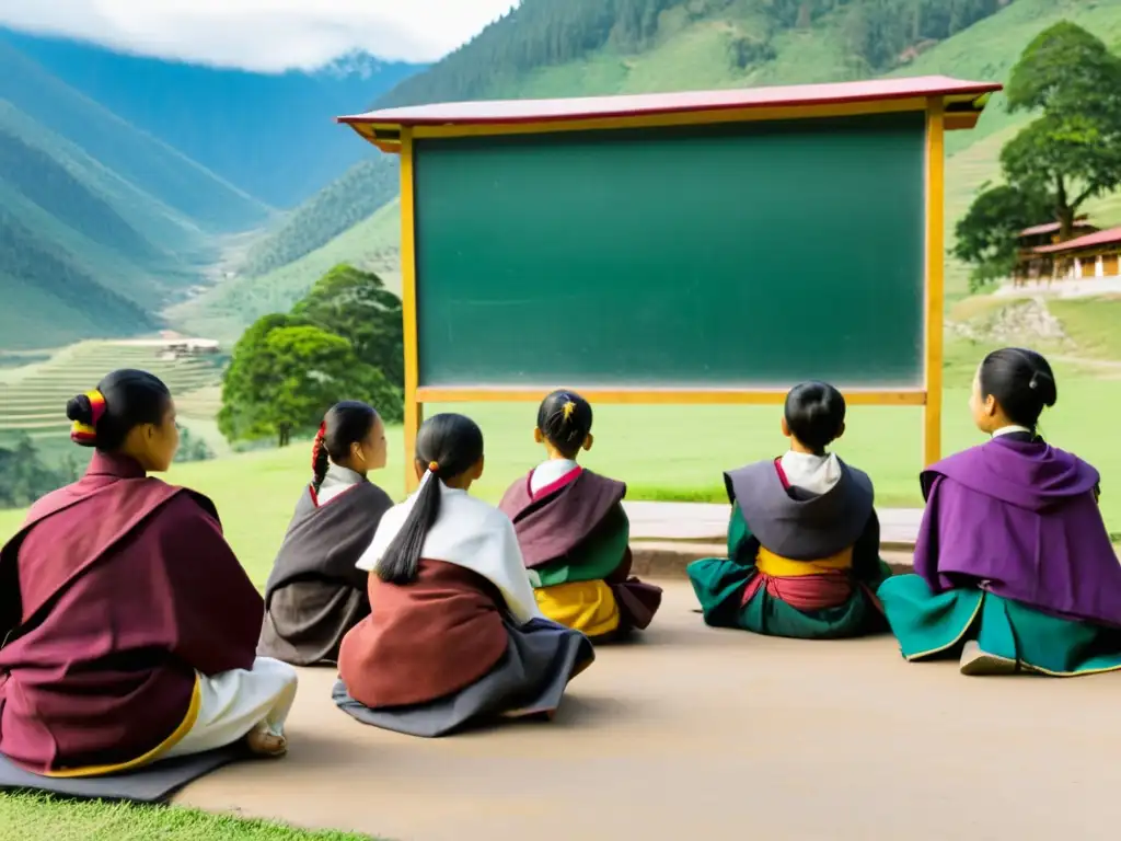 Clase al aire libre en Bhután: educación tradicional entre montañas Maestro y estudiantes de Bhutan en aula al aire libre rodeados de montañas verdes