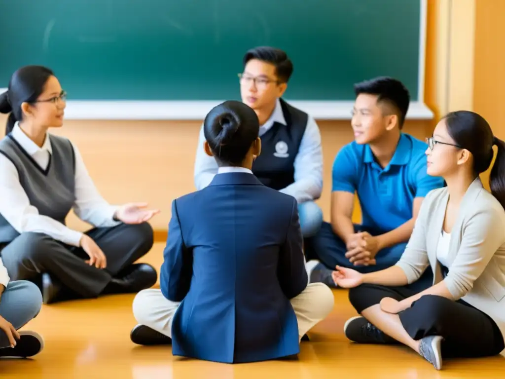 Maestro y estudiantes discuten la inteligencia emocional en entorno académico Asia, reflejando diversidad cultural y empatía