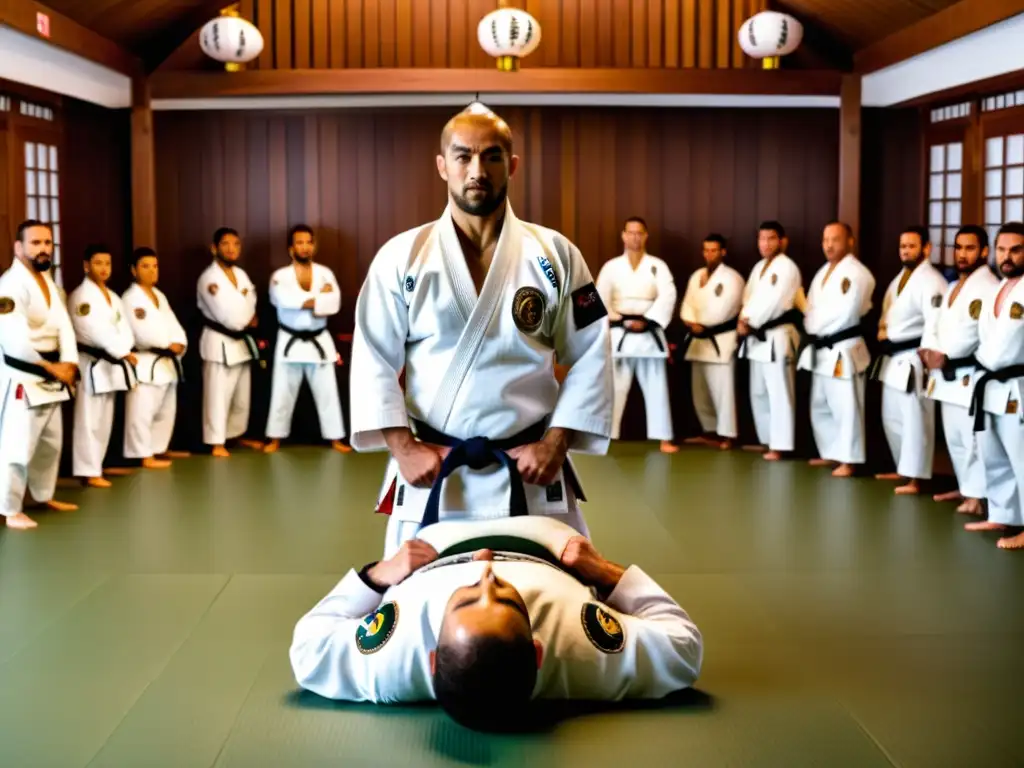 Maestro y estudiantes practican JiuJitsu Brasileño en un dojo tradicional, reflejando su origen y evolución