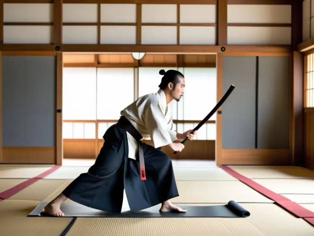 Maestro y estudiantes practican kenjutsu en un dojo japonés, reflejando las estrategias didácticas del libro cinco anillos de Miyamoto Musashi