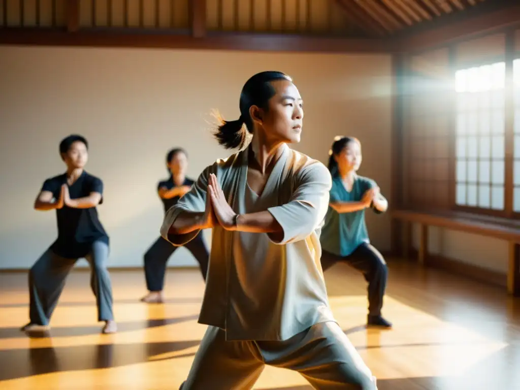 Un maestro de Qi Gong guía a sus estudiantes en movimientos precisos y fluidos, en un estudio tranquilo y bañado por la luz del sol