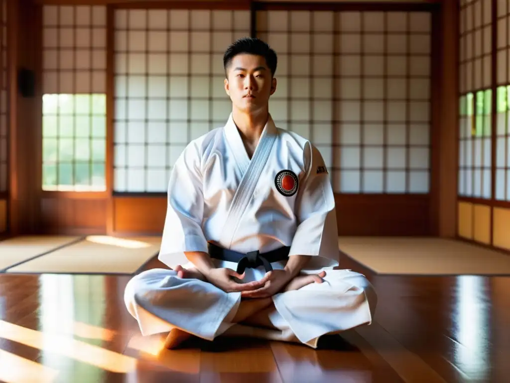 Un maestro experimentado de karate medita en un dojo tradicional mientras la energía bulliciosa lo rodea