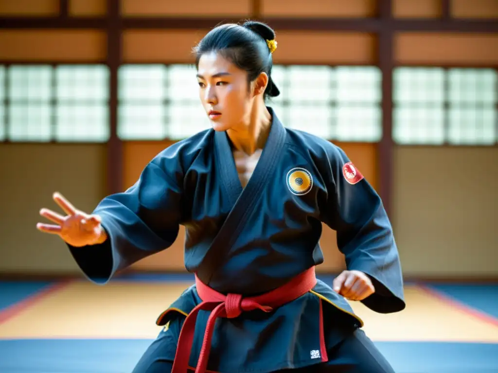 Un maestro experto en Hapkido muestra movimientos fluidos, demostrando la historia y filosofía del arte marcial coreano