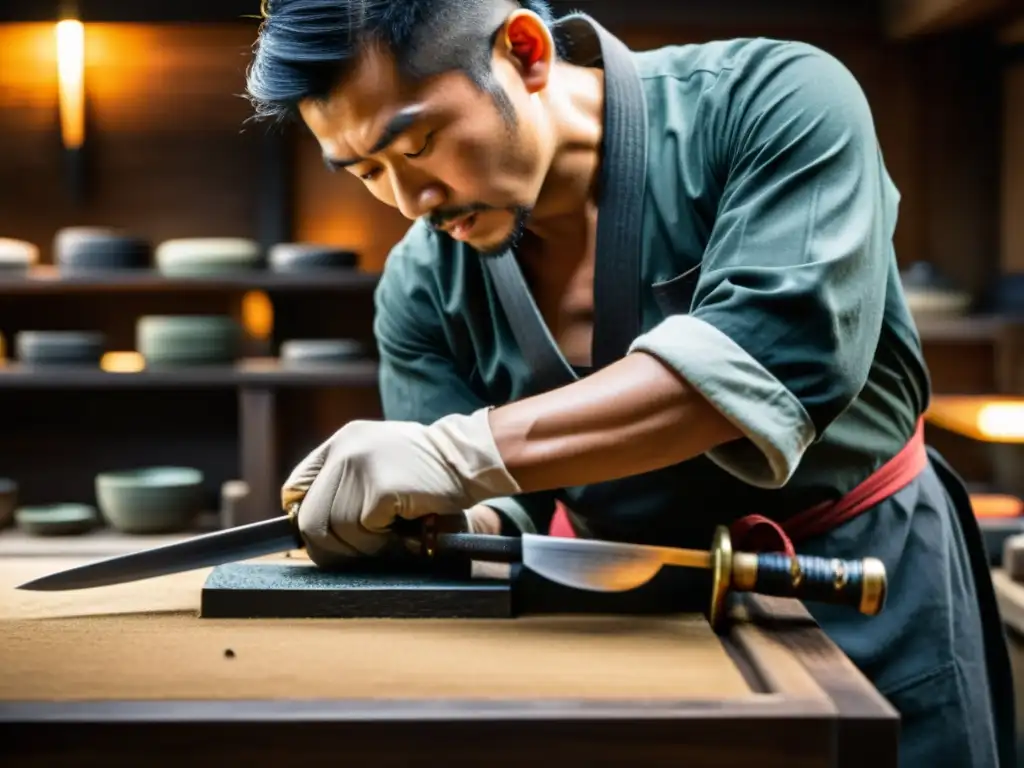 Un maestro forjador japonés afila con destreza una katana en su taller, destacando las técnicas milenarias asiáticas de afilado de cuchillos