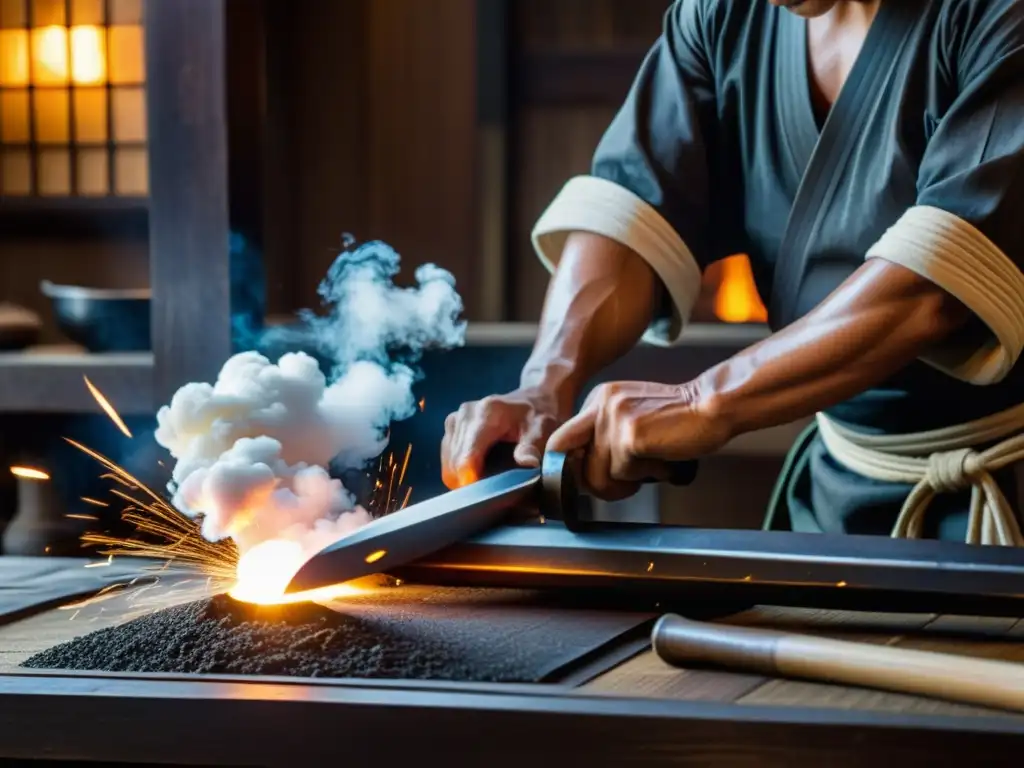 Un maestro forjador japonés crea una espada samurái, envuelto en chispas, resaltando la importancia del kendo en la cultura asiática