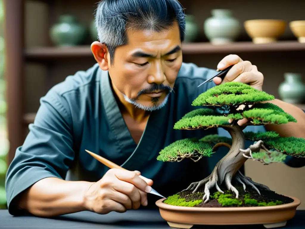 Un maestro del bonsái en Asia cuidadosamente da forma a un árbol en un jardín japonés