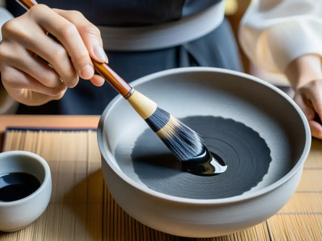 Un maestro calígrafo japonés sumerge con gracia su pincel en tinta sumi, creando caracteres elegantes en papel de arroz