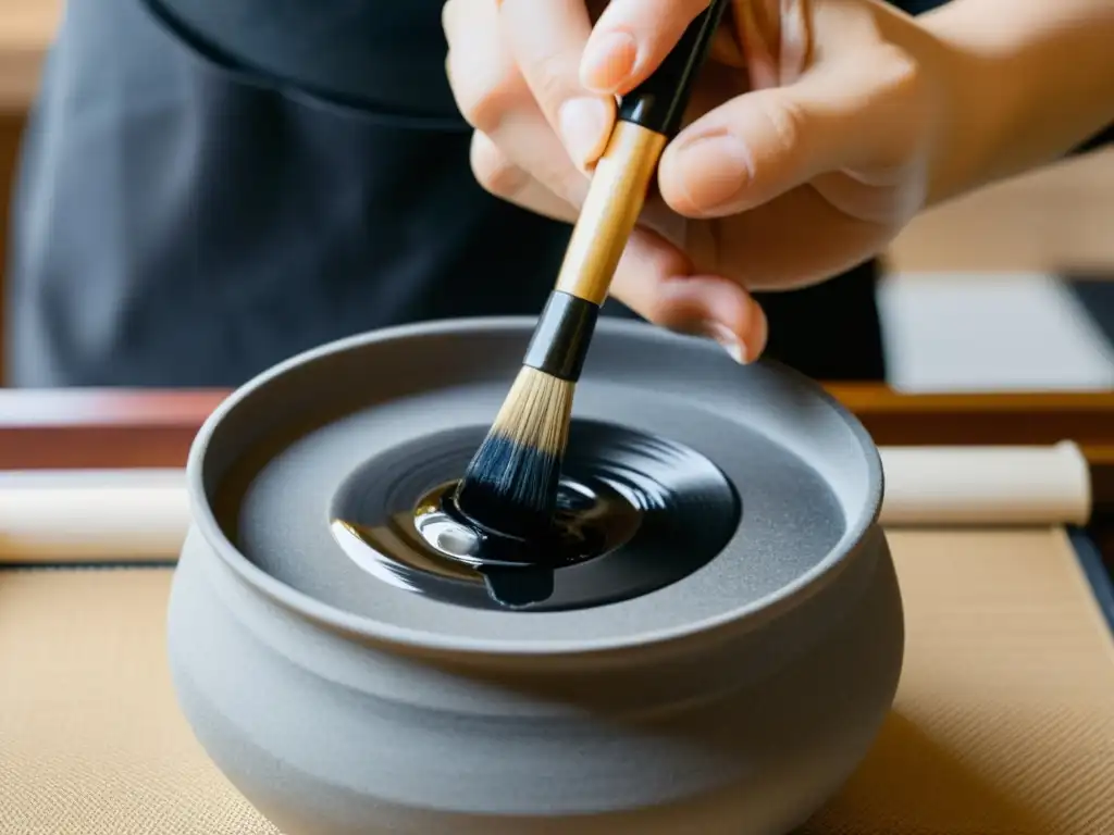 Un maestro calígrafo japonés sumerge con gracia su pincel en tinta sumi, creando kanji con movimientos precisos