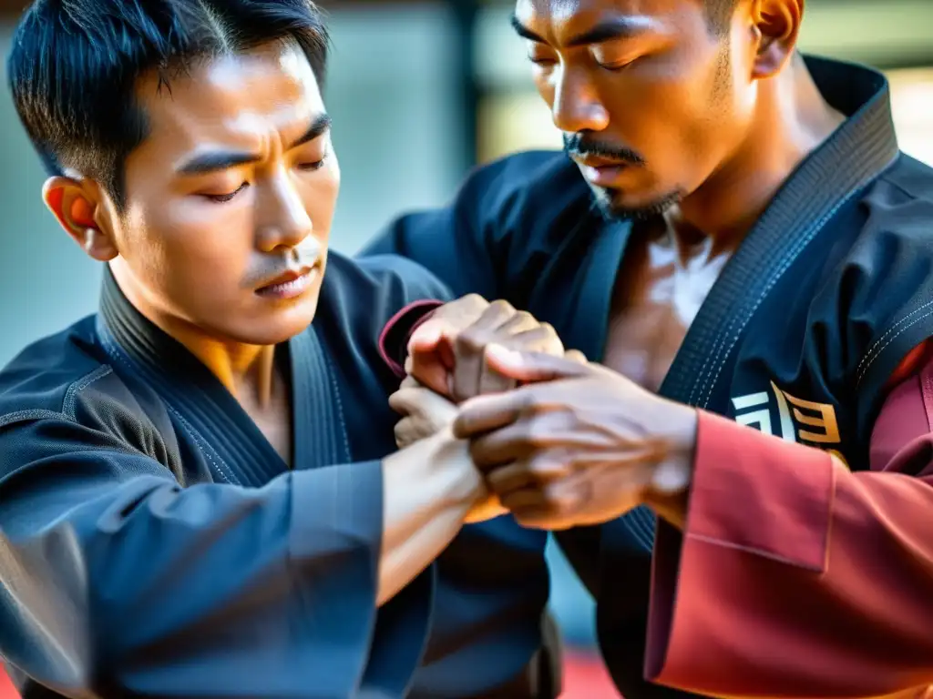 Un maestro de Hapkido coreano ejecuta una técnica de bloqueo con precisión y concentración intensa en un dojang tradicional