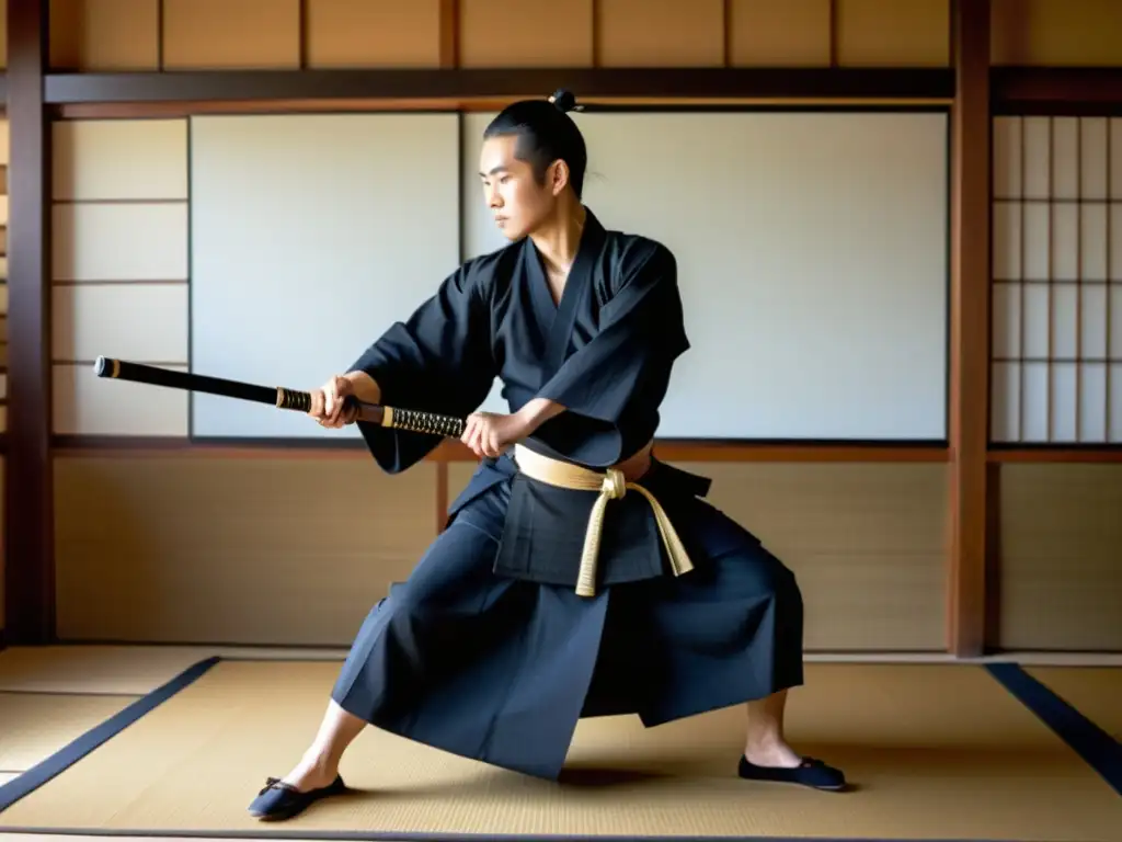 Un maestro de iaido practica con gracia en un dojo, destacando los detalles de su atuendo tradicional y la disciplina del arte