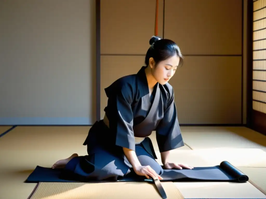 Un maestro de Iaido en posición seiza, ejecuta con precisión la kata 'iaijutsu' en un dojo iluminado por el sol