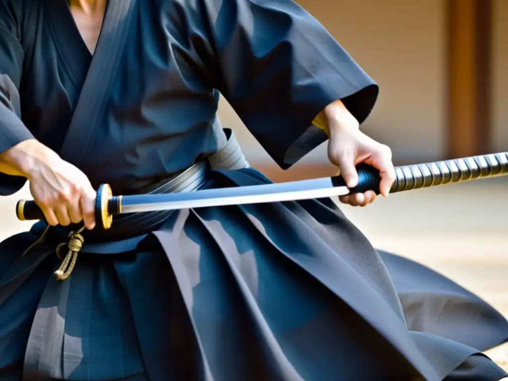 Un maestro de iaido realiza una técnica poco común, con su hakama ondeando mientras desenvaina con precisión