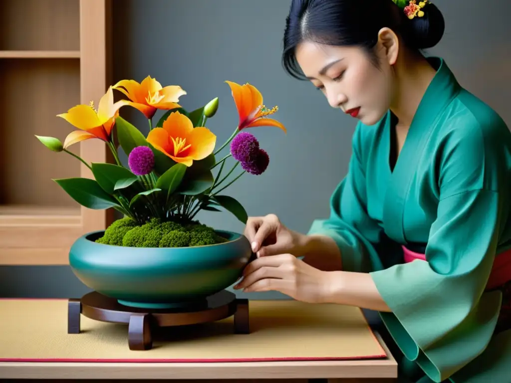 Un maestro del Ikebana crea una composición floral, mostrando técnicas y significado del Ikebana en un alcoba japonesa