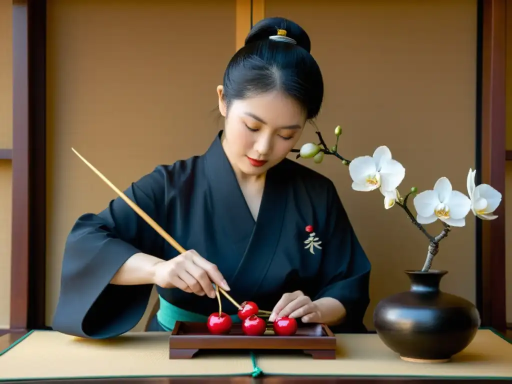 Un maestro del ikebana crea una composición de flores con elegancia y precisión