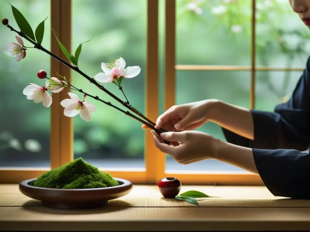 Un maestro del ikebana dispone con cuidado flores y bambú en una composición asimétrica