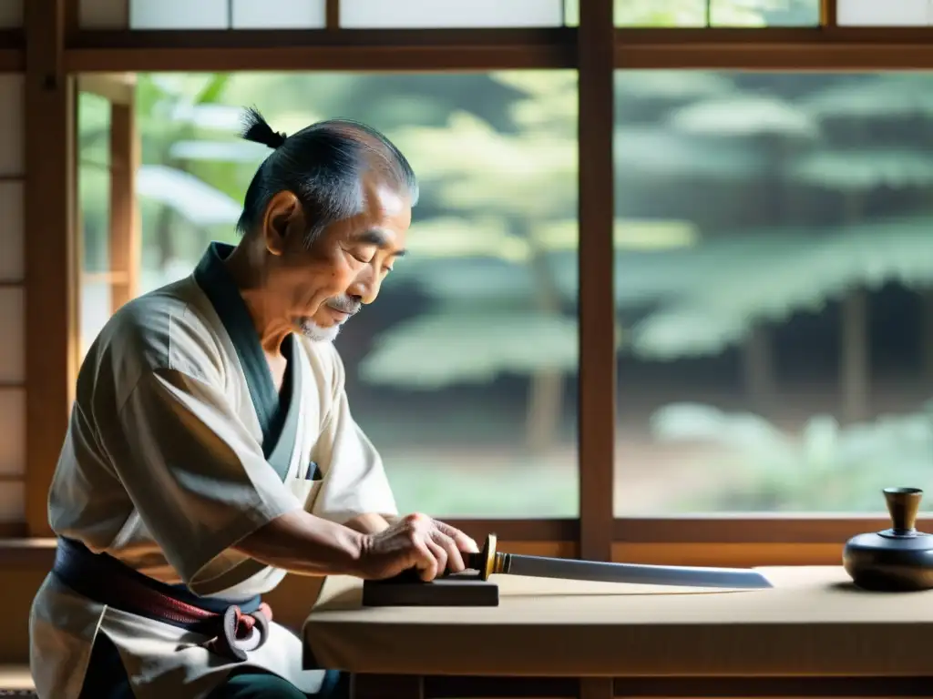 Un maestro japonés anciano afila con maestría una katana, exudando tradición y habilidad en técnicas milenarias asiáticas de afilado de cuchillos