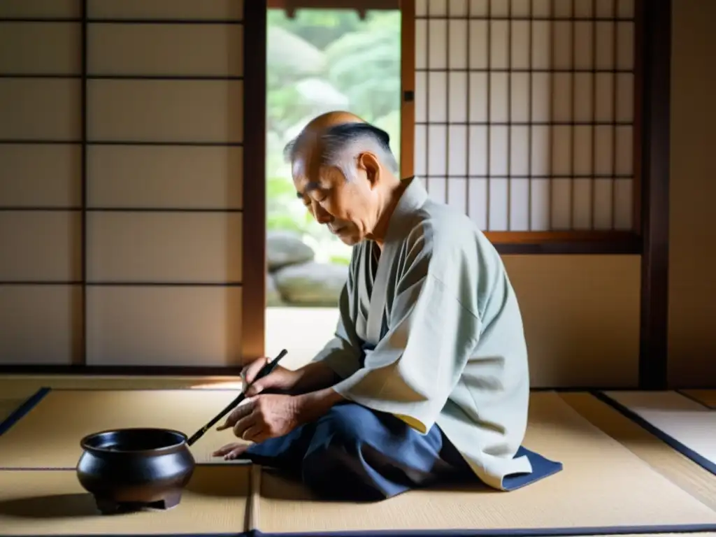 Un maestro japonés de caligrafía, en un ambiente sereno, escribe con gracia en papel de arroz