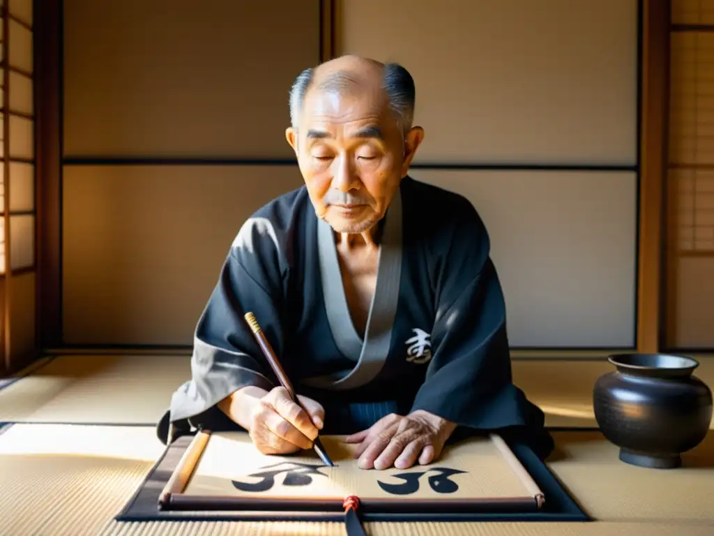 Un maestro japonés de caligrafía anciano practica la escritura en una habitación tradicional, exudando una esencia espiritual caligrafía japonesa