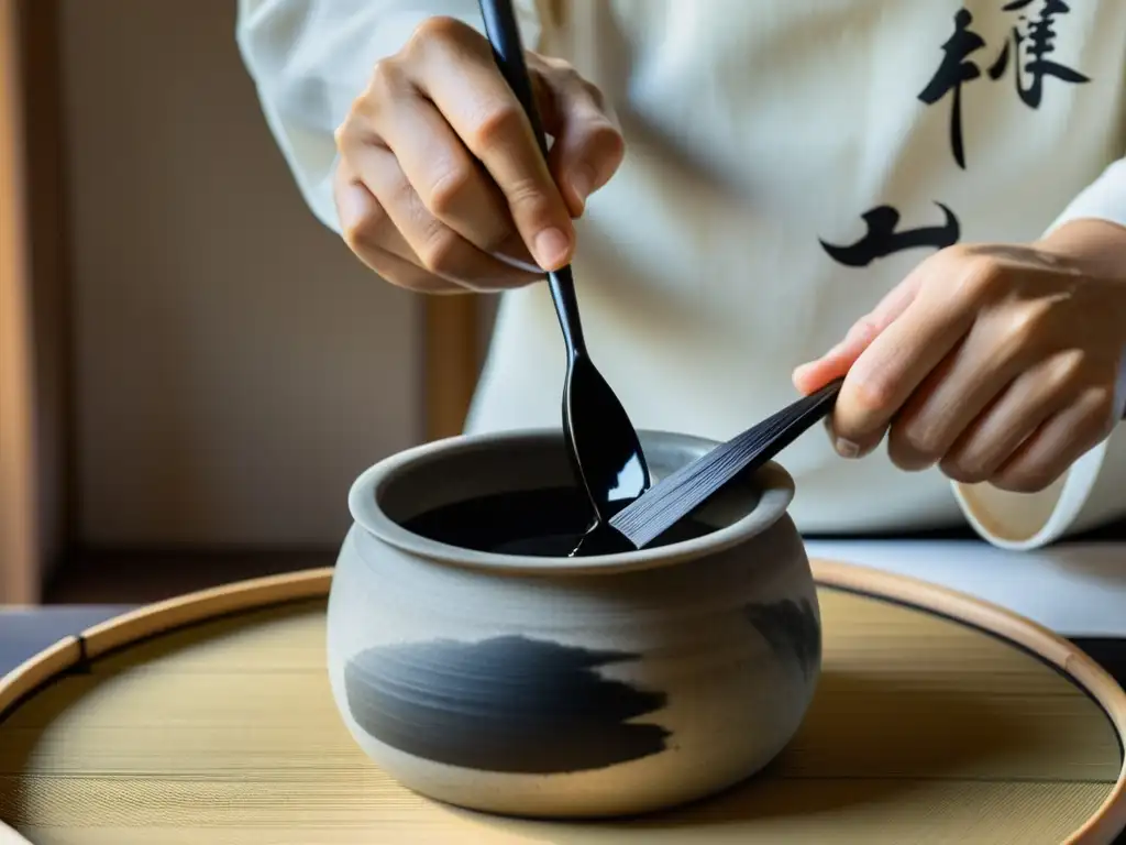 Un maestro japonés de caligrafía sumerge con delicadeza un pincel de bambú en tinta sumi, exudando esencia espiritual caligrafía japonesa