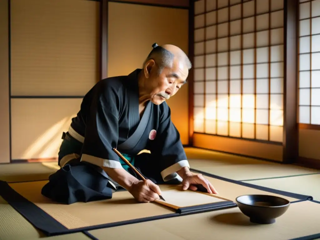 Un maestro japonés de caligrafía trabaja con elegancia en una habitación tradicional, combinando la caligrafía antigua con la era digital