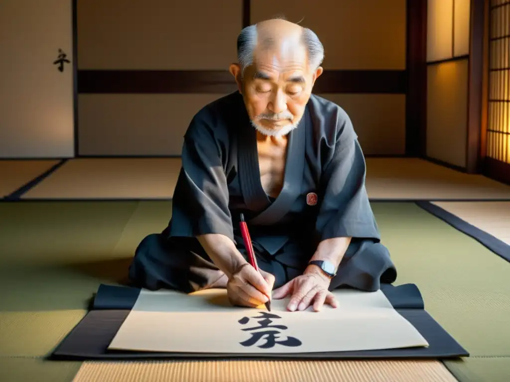 Maestro japonés de caligrafía, iluminado por una lámpara de papel, encarna la esencia espiritual de la caligrafía japonesa en un entorno sereno