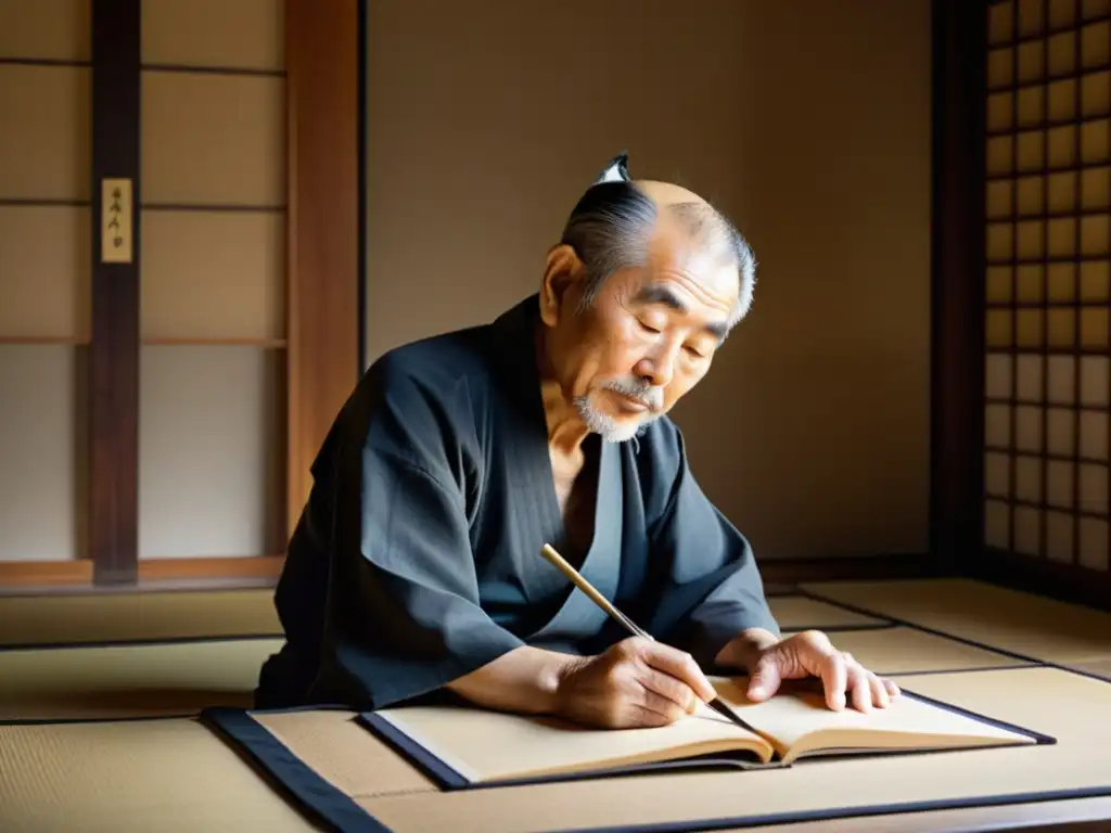 Un maestro japonés de caligrafía, rodeado de rollos tradicionales y piedras de tinta, crea elegantes caracteres en un tranquilo tatami