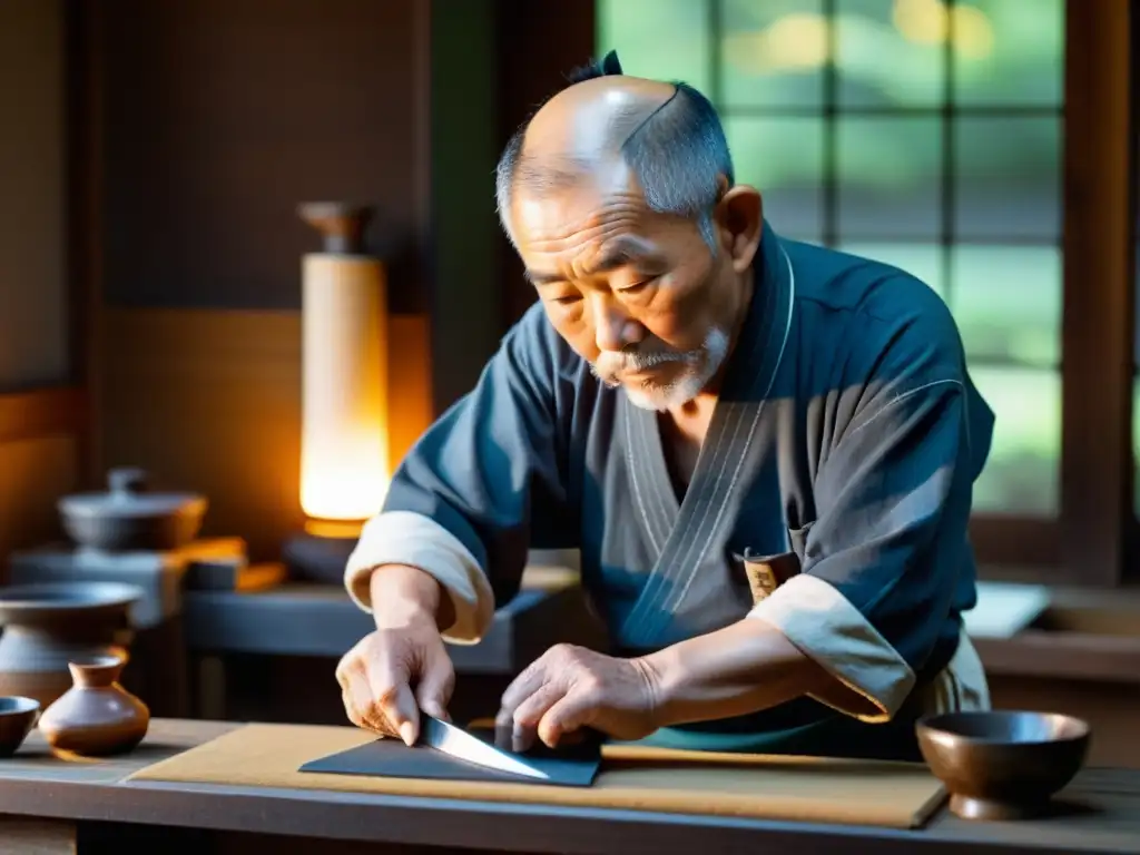 Maestro japonés afila cuchillo tradicional con técnicas milenarias asiáticas, en su taller al amanecer