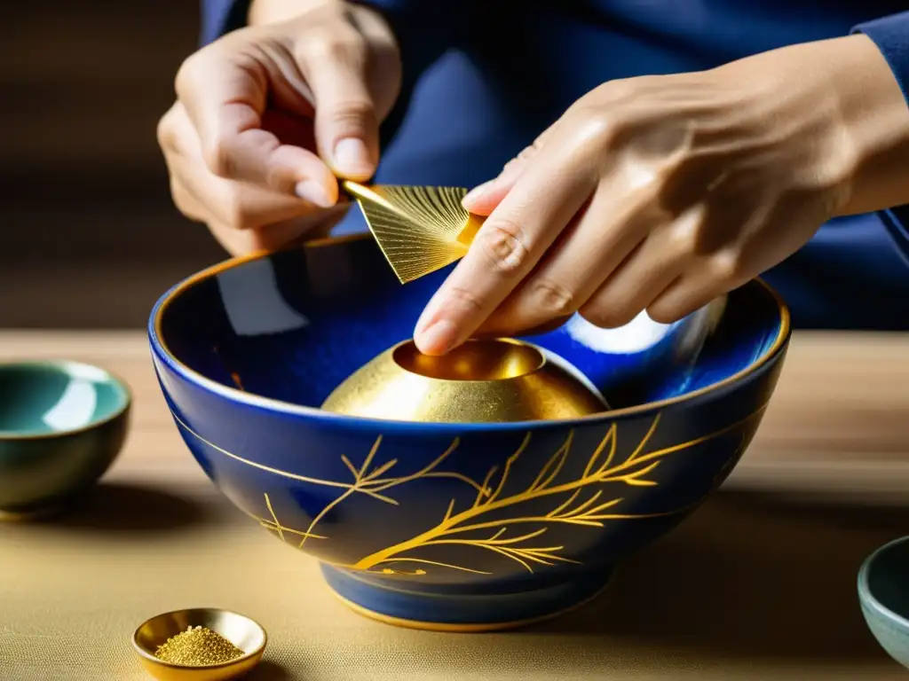 Un maestro japonés de Kintsugi repara con delicadeza un cuenco de cerámica roto, mostrando el arte de sanar heridas emocionales con Kintsugi