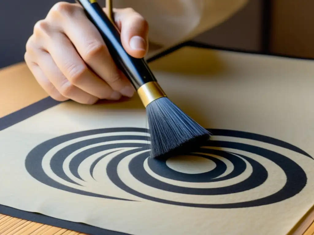 Un maestro calígrafo japonés escribe con elegancia en papel washi, capturando la esencia del arte de la hospitalidad japonesa