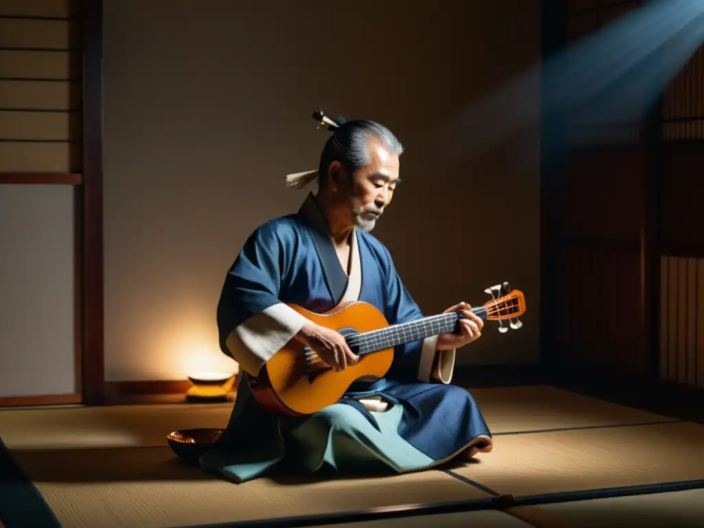 Un maestro japonés de shamisen en una habitación tenue, iluminado por un foco, tocando el instrumento con expresión concentrada