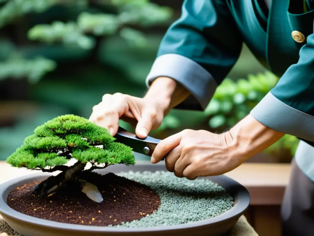 Un maestro de bonsái japonés, con herramientas tradicionales de jardinería, cuidadosamente podando un árbol bonsái en un jardín japonés sereno